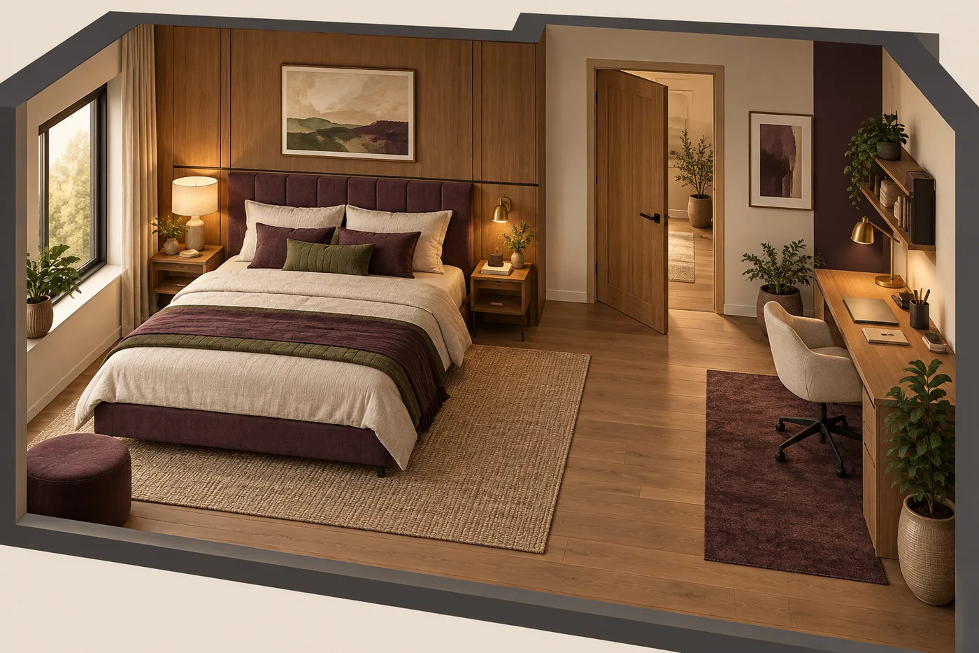 Cutaway illustration of a compact room with a wall-backed bed, separate desk zone, visible doorway, and clear walking path