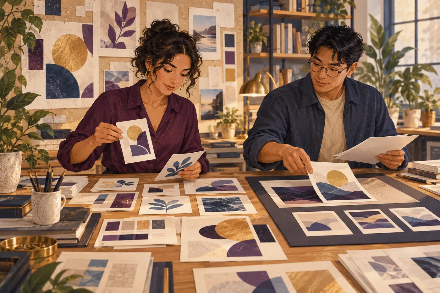 Two colleagues sort visual concepts and review a selected design for an editorial project