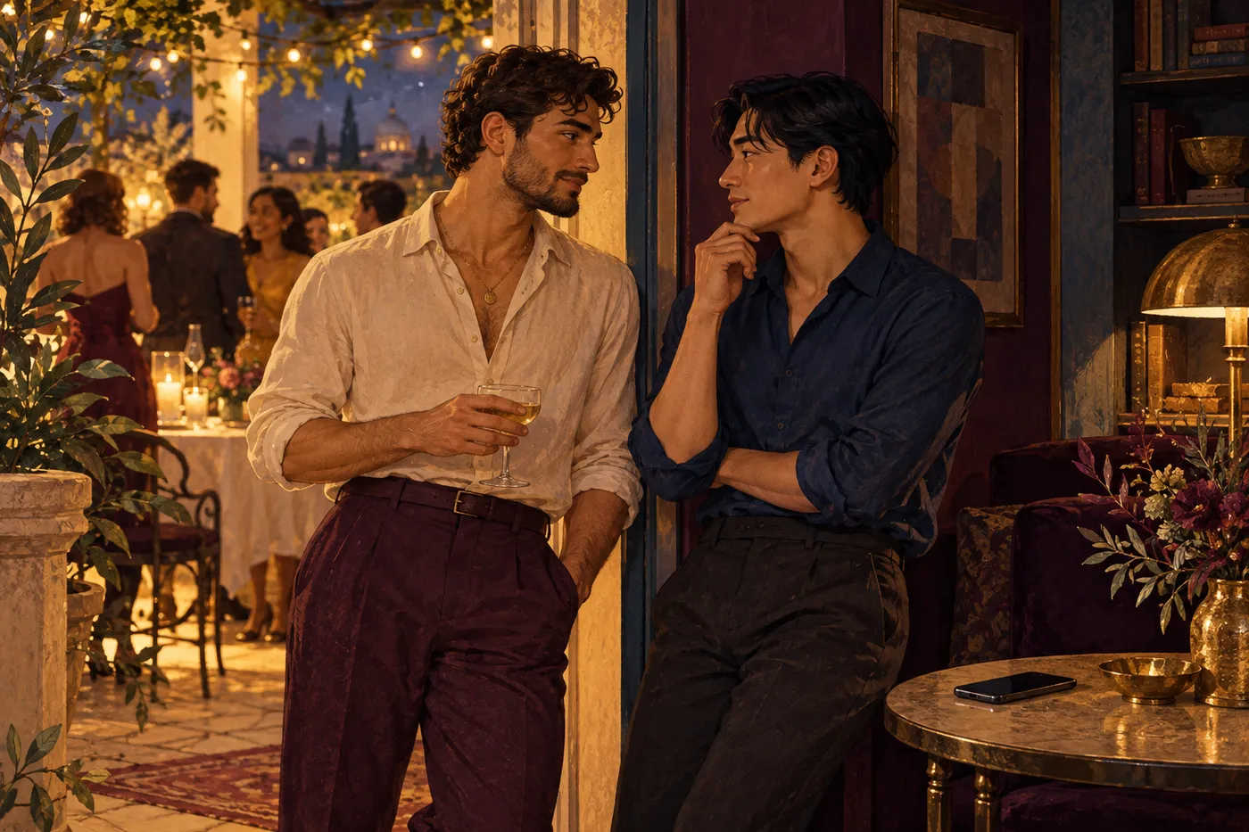 Two men speak privately beside a social gathering with a phone placed face down nearby