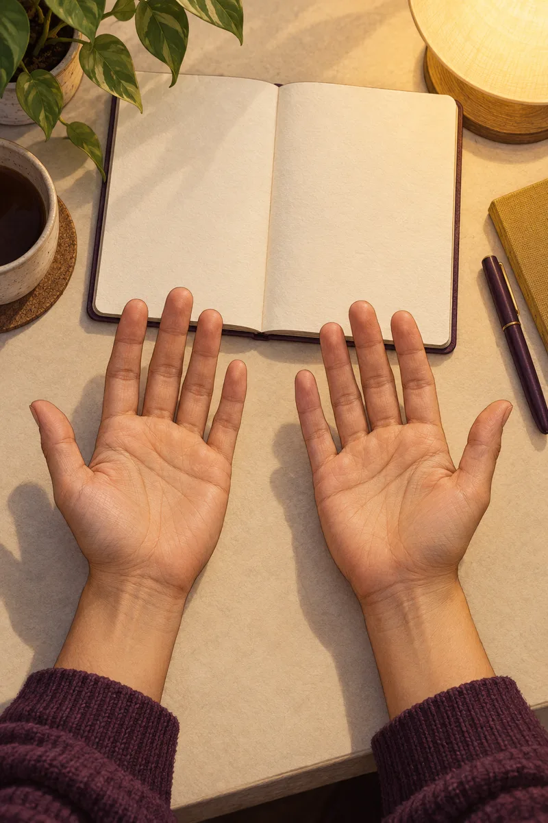 Two open hands beside a notebook under soft light, presented as subjects for careful observation