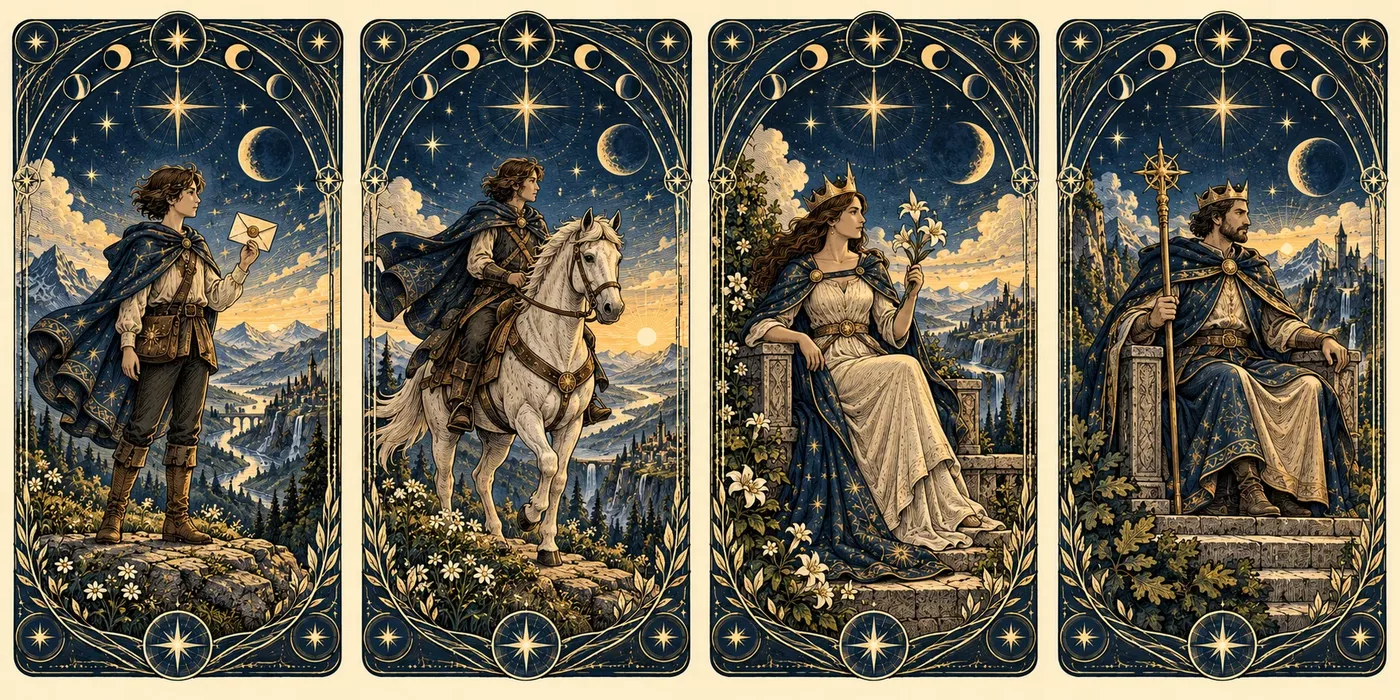 Four original tarot-inspired court figures showing a young messenger with a letter, a rider on a white horse, a seated queen with a lily, and a seated king with a staff