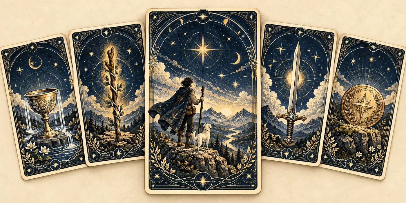 Five original tarot-inspired cards arranged in a fan, showing a traveler, cup, flowering wand, upright sword, and star-marked disk against mountain landscapes