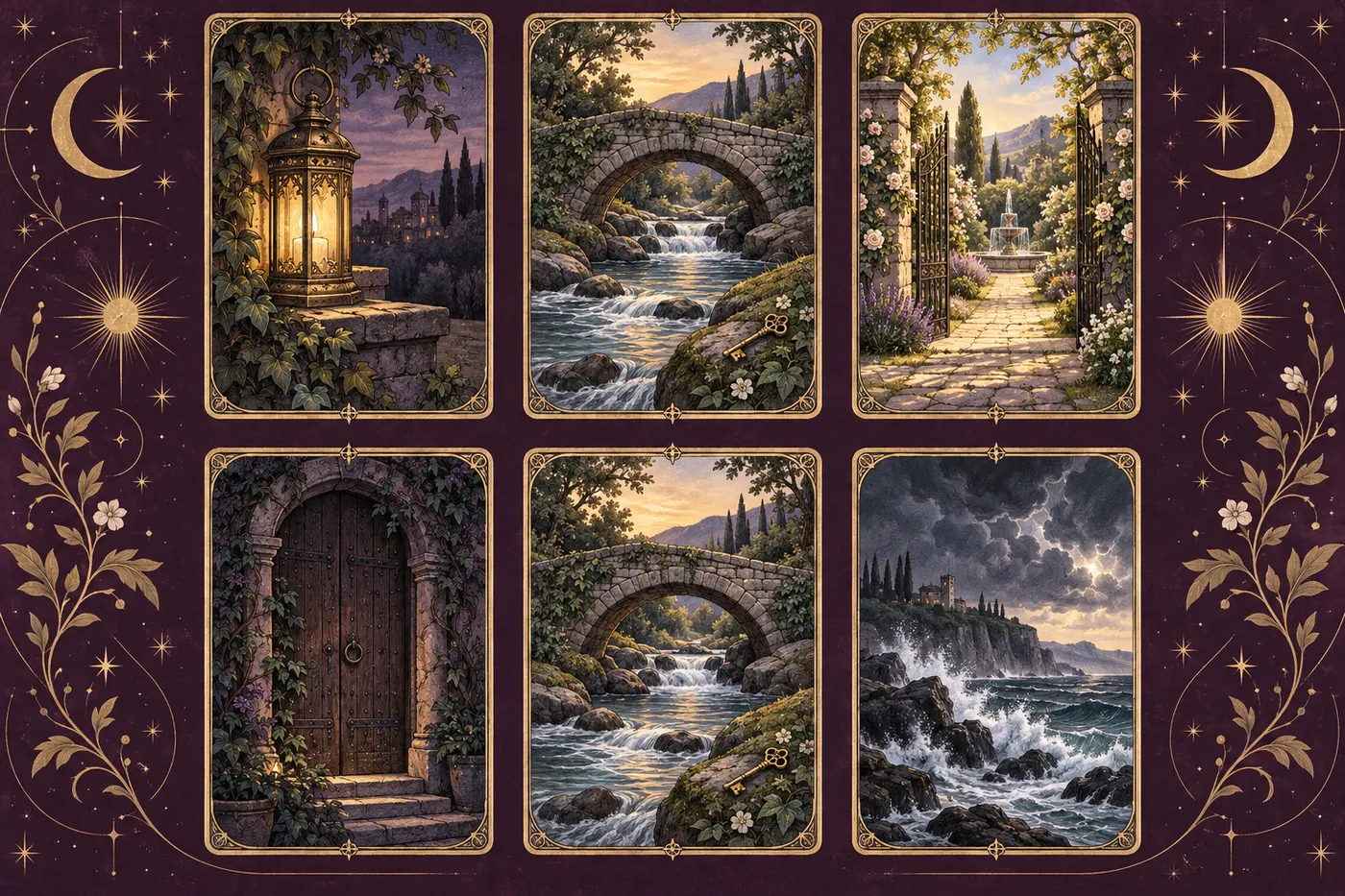Two three-card arrangements repeat a bridge and key image, with a lantern and garden above and a doorway and stormy shore below.